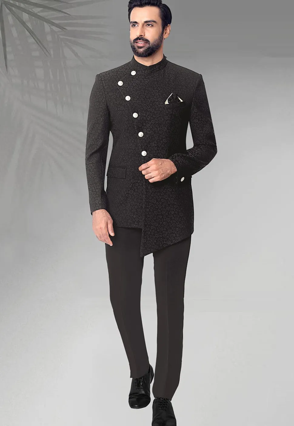 Woven Terry Rayon Jodhpuri Jacket in Black
