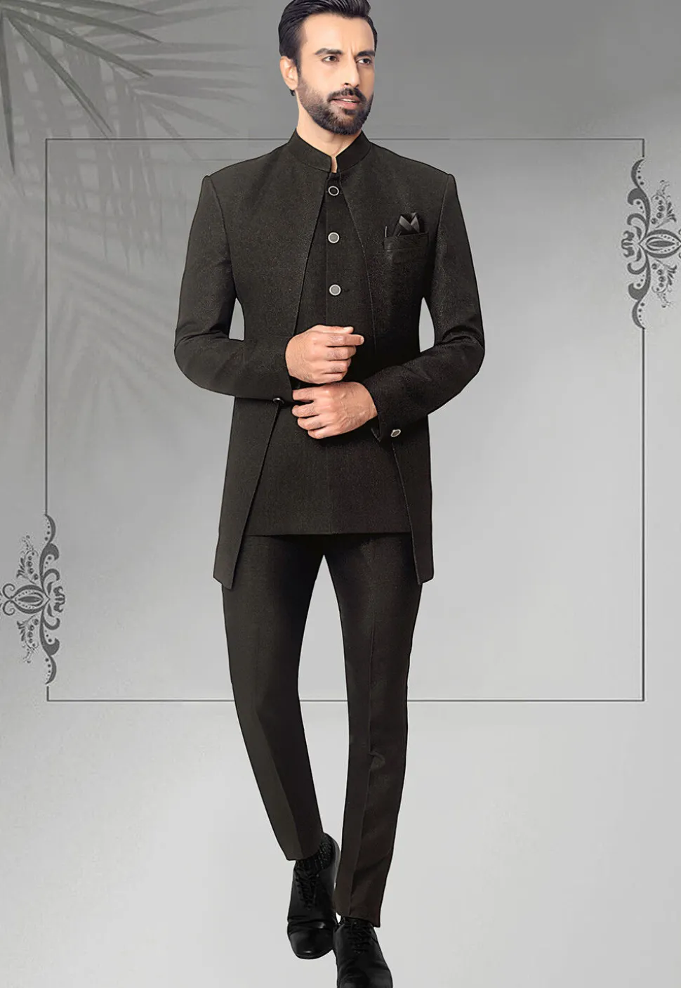 Woven Terry Rayon Jodhpuri Jacket in Black