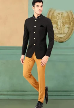 Woven Terry Rayon Jodhpuri Jacket in Black