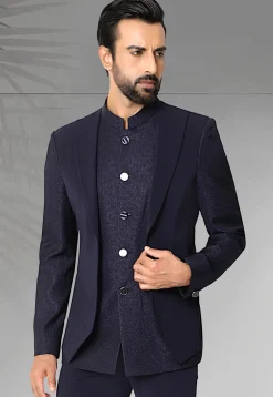 Woven Terry Rayon Jodhpuri Jacket in Navy Blue