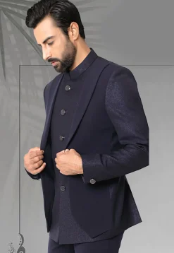 Woven Terry Rayon Jodhpuri Jacket in Navy Blue