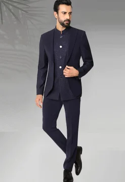Woven Terry Rayon Jodhpuri Jacket in Navy Blue