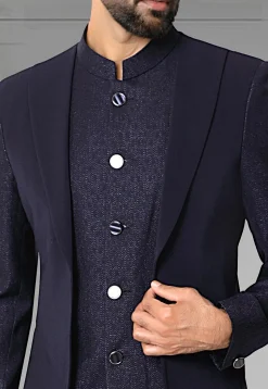 Woven Terry Rayon Jodhpuri Jacket in Navy Blue