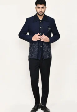 Woven Terry Rayon Jodhpuri Suit in Navy Blue