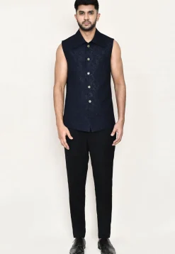 Woven Terry Rayon Jodhpuri Suit in Navy Blue