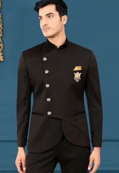 Woven Terry Rayon Jodhpuri Jacket in Black