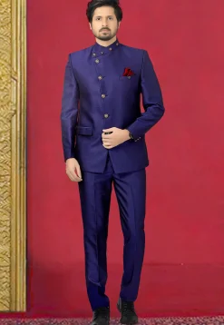 Woven Terry Rayon Jodhpuri Suit in Royal Blue