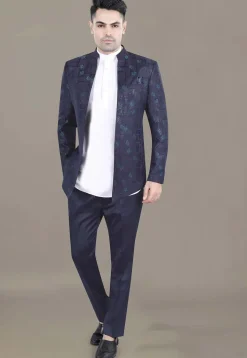 Woven Terry Rayon Jodhpuri Jacket in Navy Blue