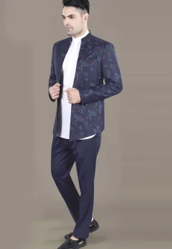 Woven Terry Rayon Jodhpuri Jacket in Navy Blue