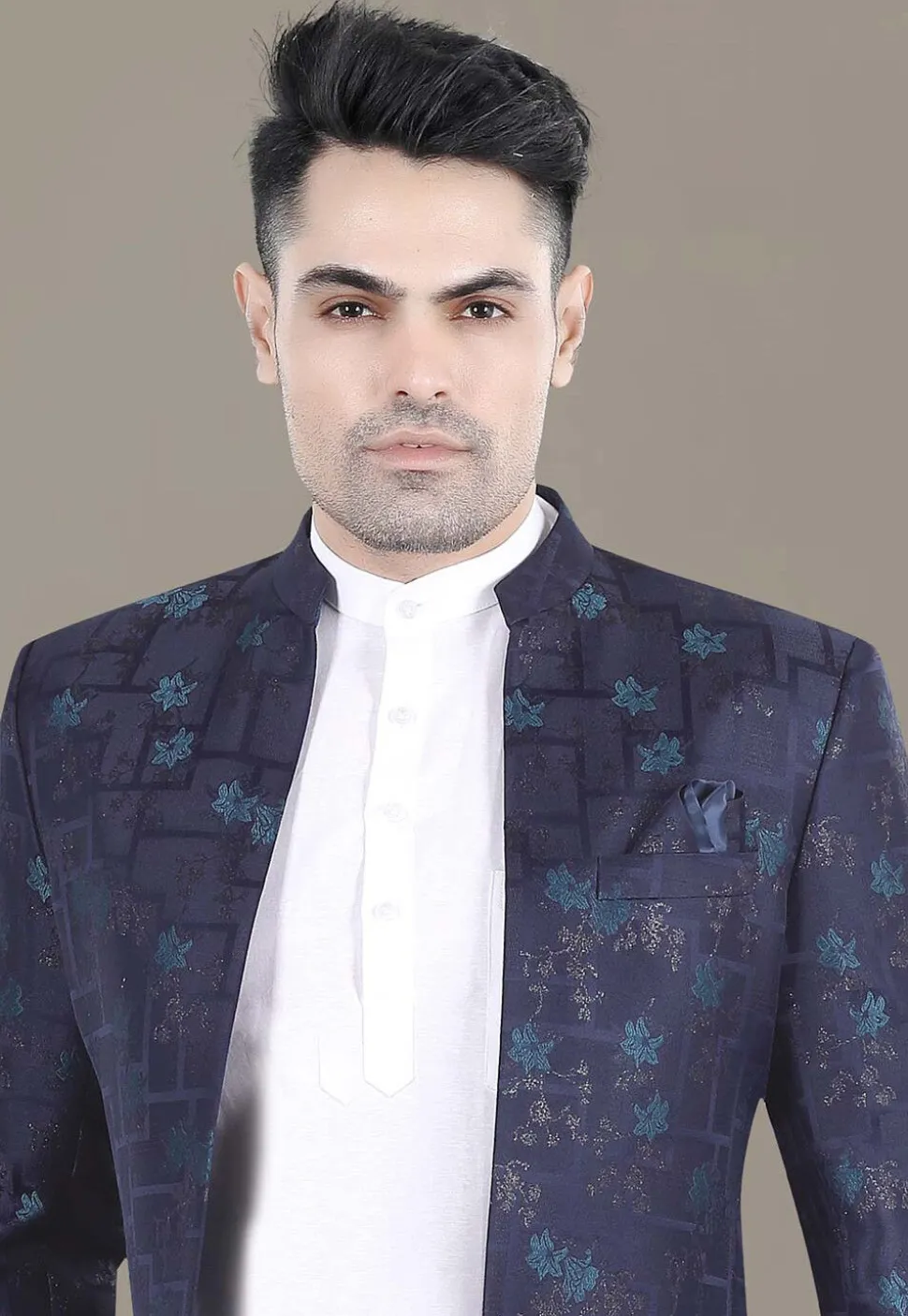 Woven Terry Rayon Jodhpuri Jacket in Navy Blue