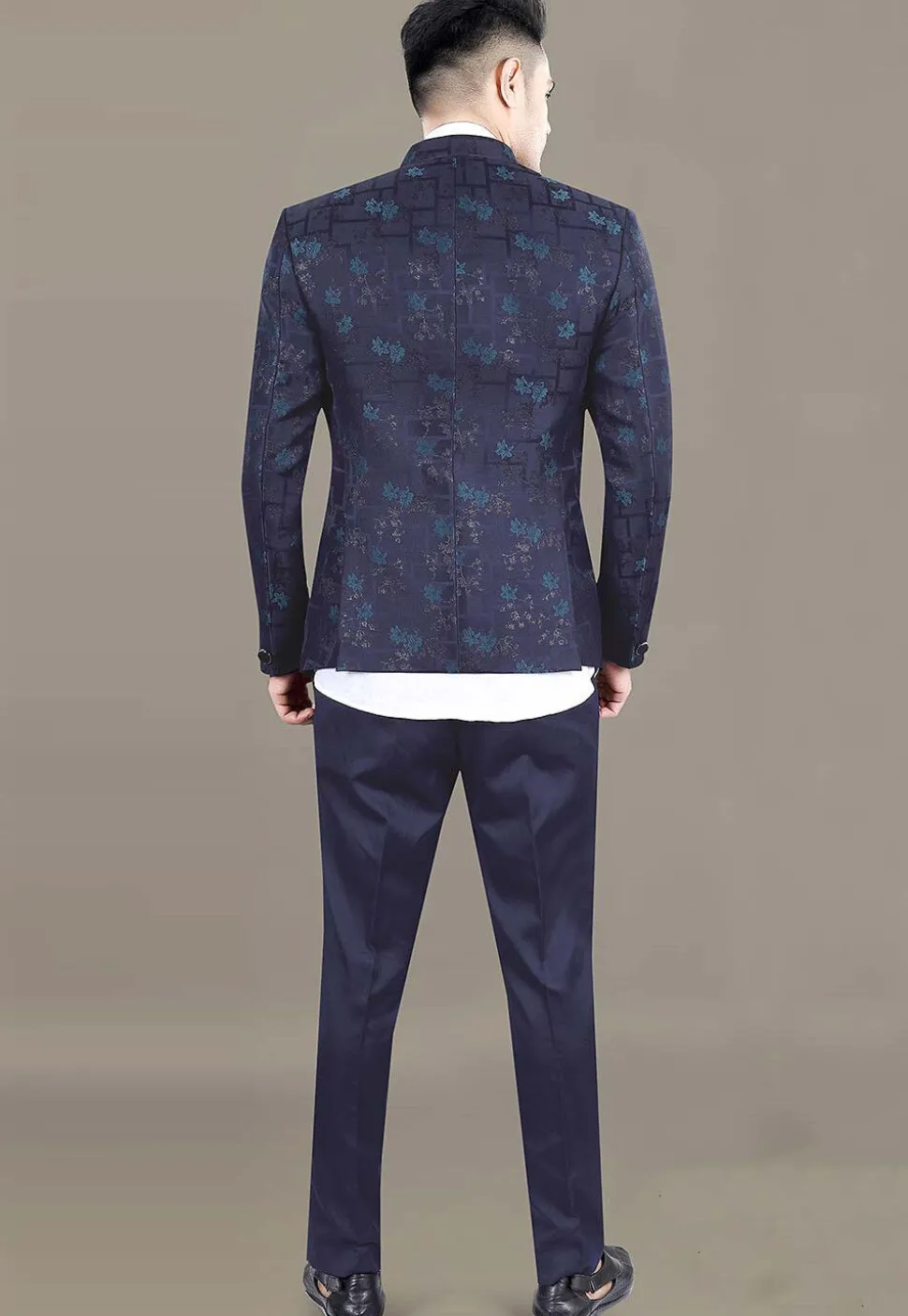 Woven Terry Rayon Jodhpuri Suit in Navy Blue
