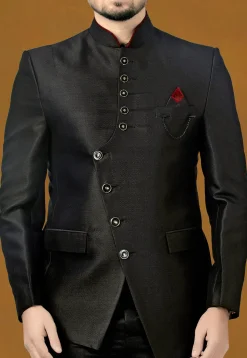 Woven Terry Rayon Jodhpuri Suit in Black