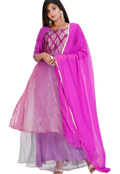 Woven Tissue Abaya Style Suit in Purple and Pink