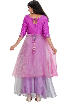 Woven Tissue Abaya Style Suit in Purple and Pink