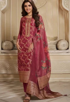 Woven Tissue Pakistani Suit in Old Rose