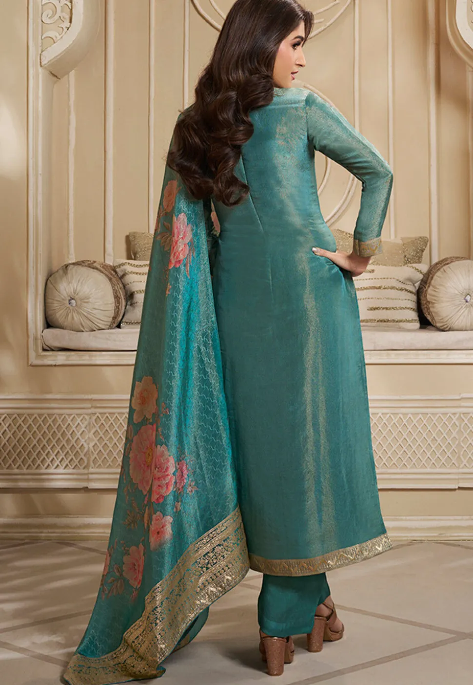 Woven Tissue Pakistani Suit in Teal Green