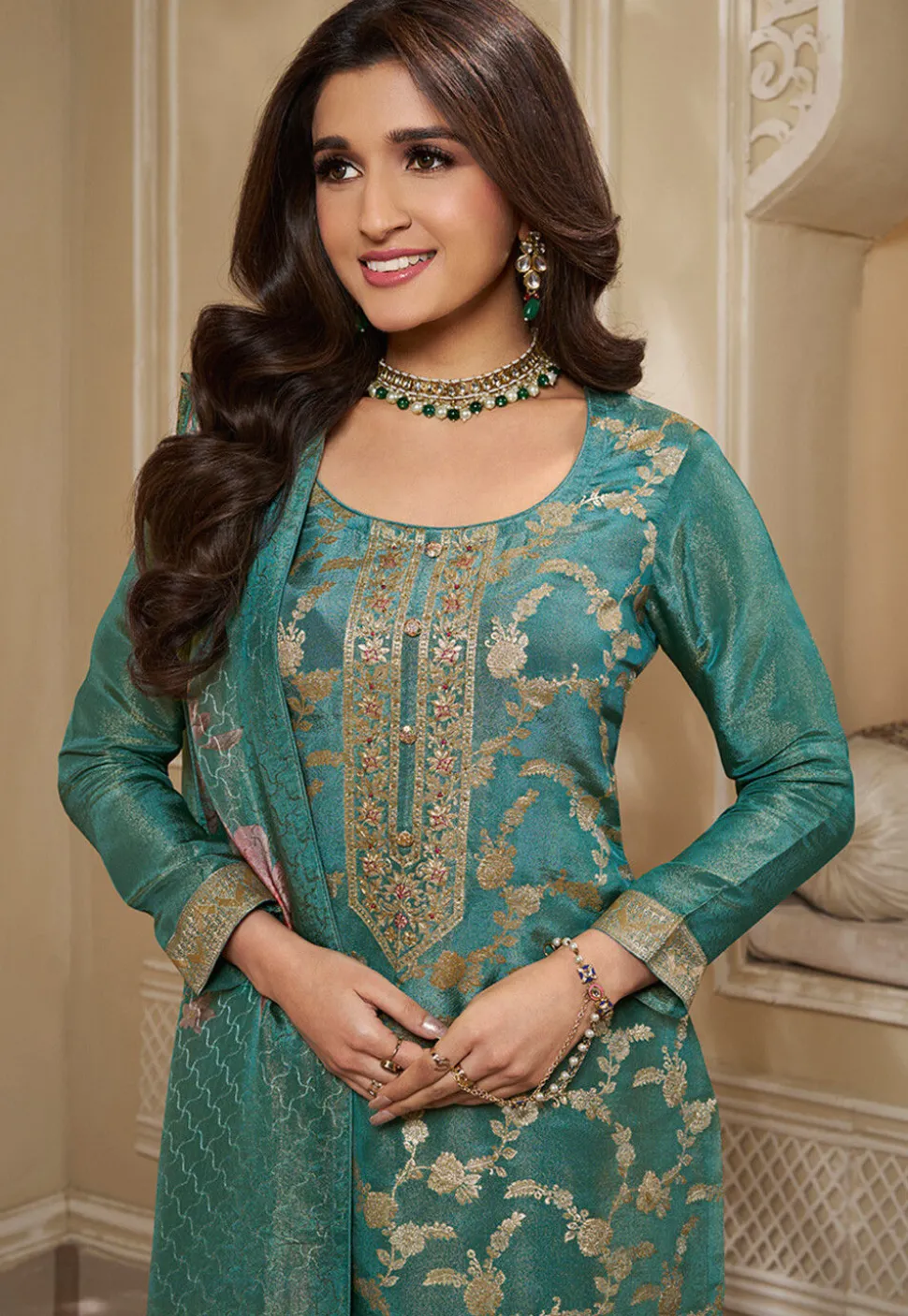 Woven Tissue Pakistani Suit in Teal Green