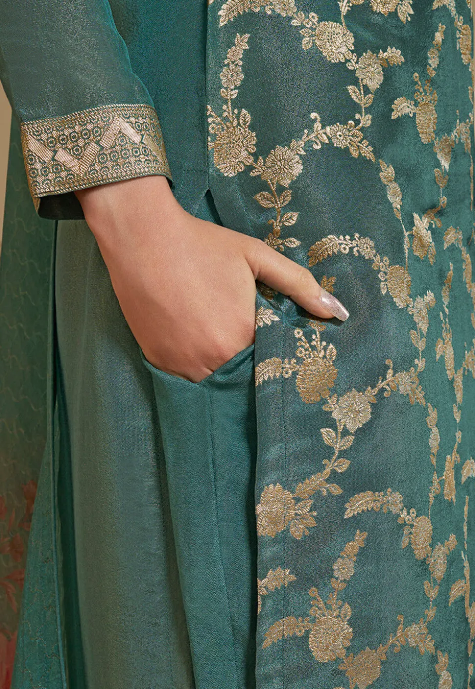 Woven Tissue Pakistani Suit in Teal Green