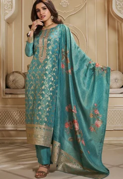 Woven Tissue Pakistani Suit in Teal Blue