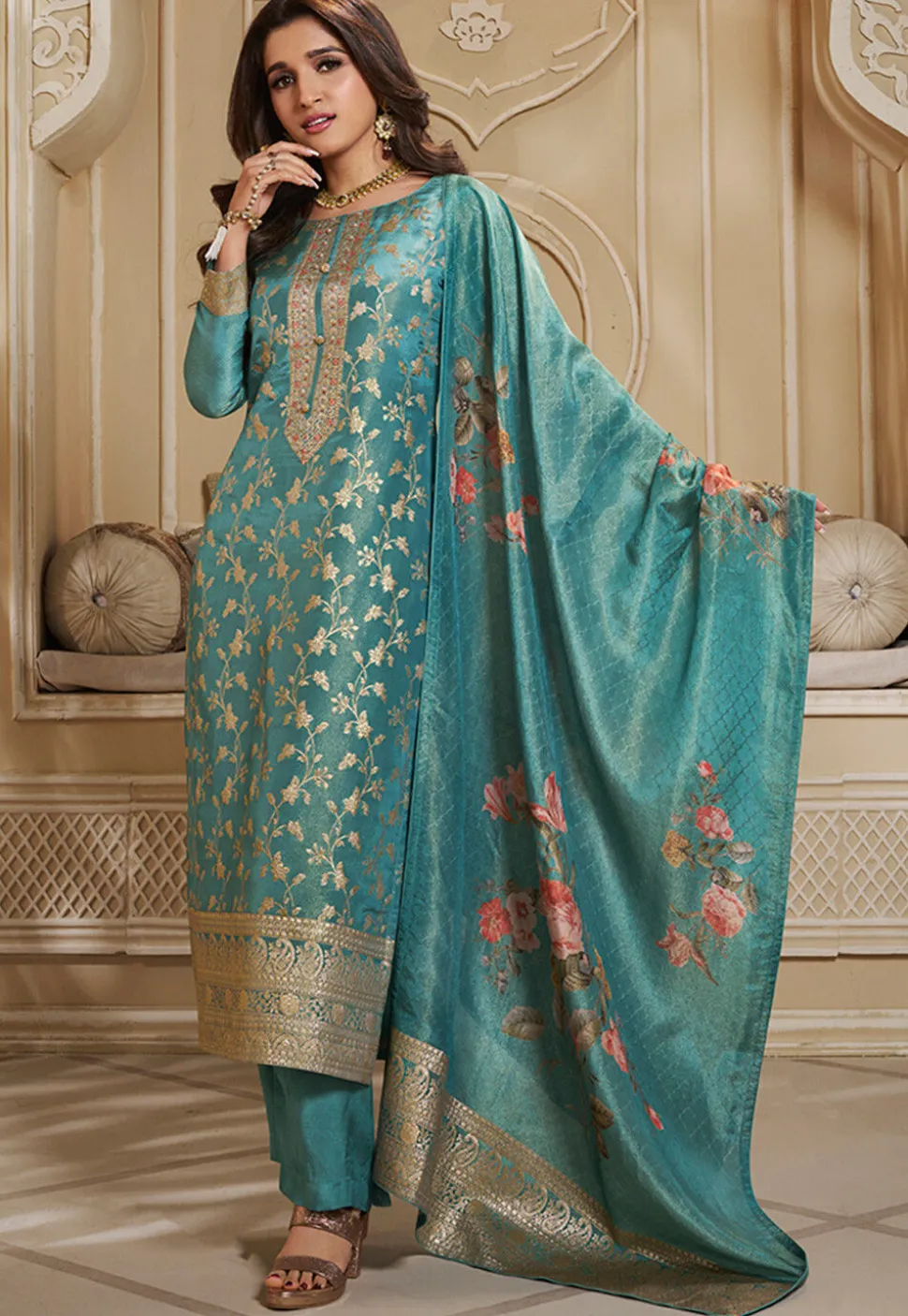 Woven Tissue Pakistani Suit in Teal Blue