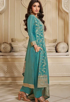 Woven Tissue Pakistani Suit in Teal Blue