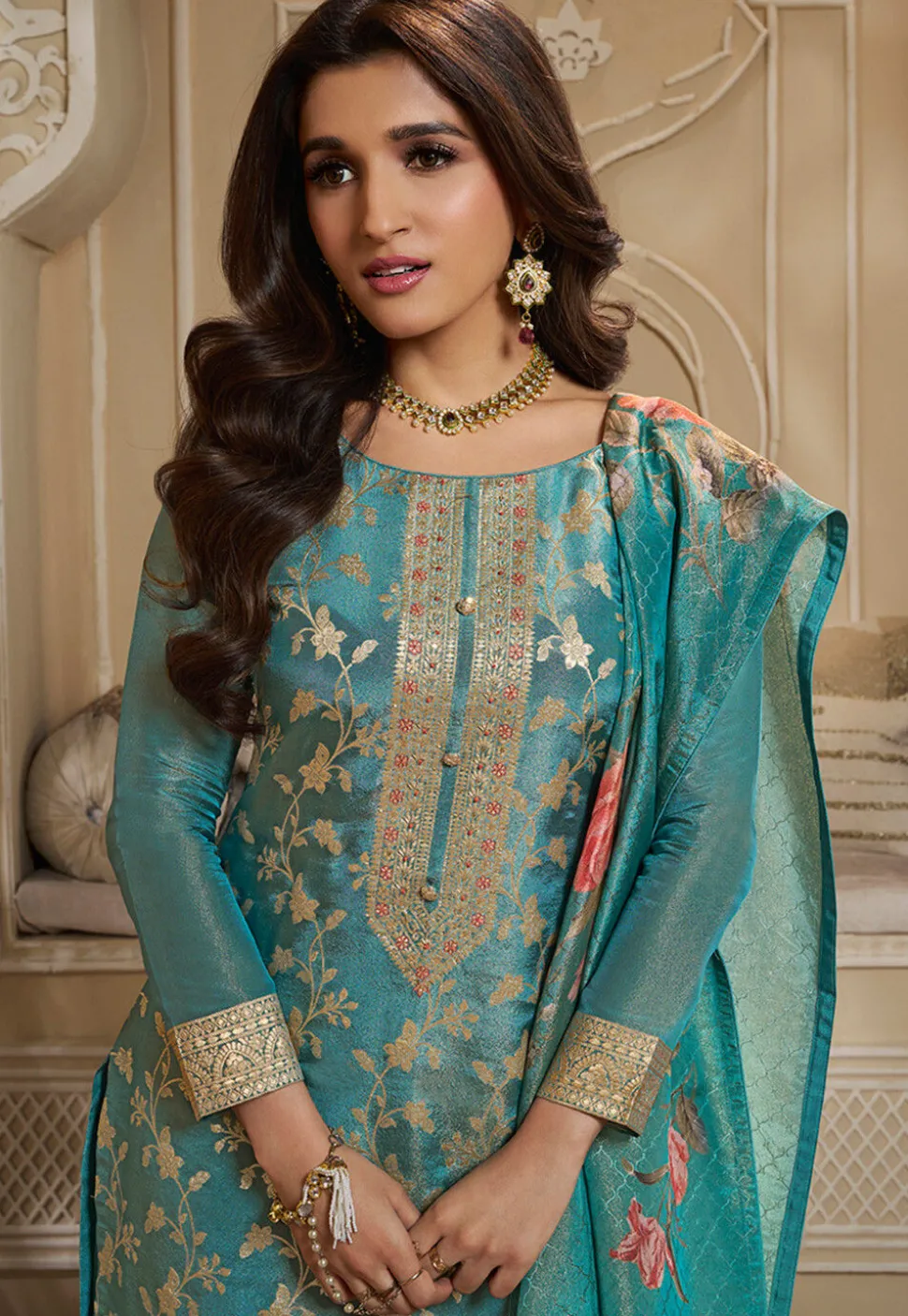 Woven Tissue Pakistani Suit in Teal Blue