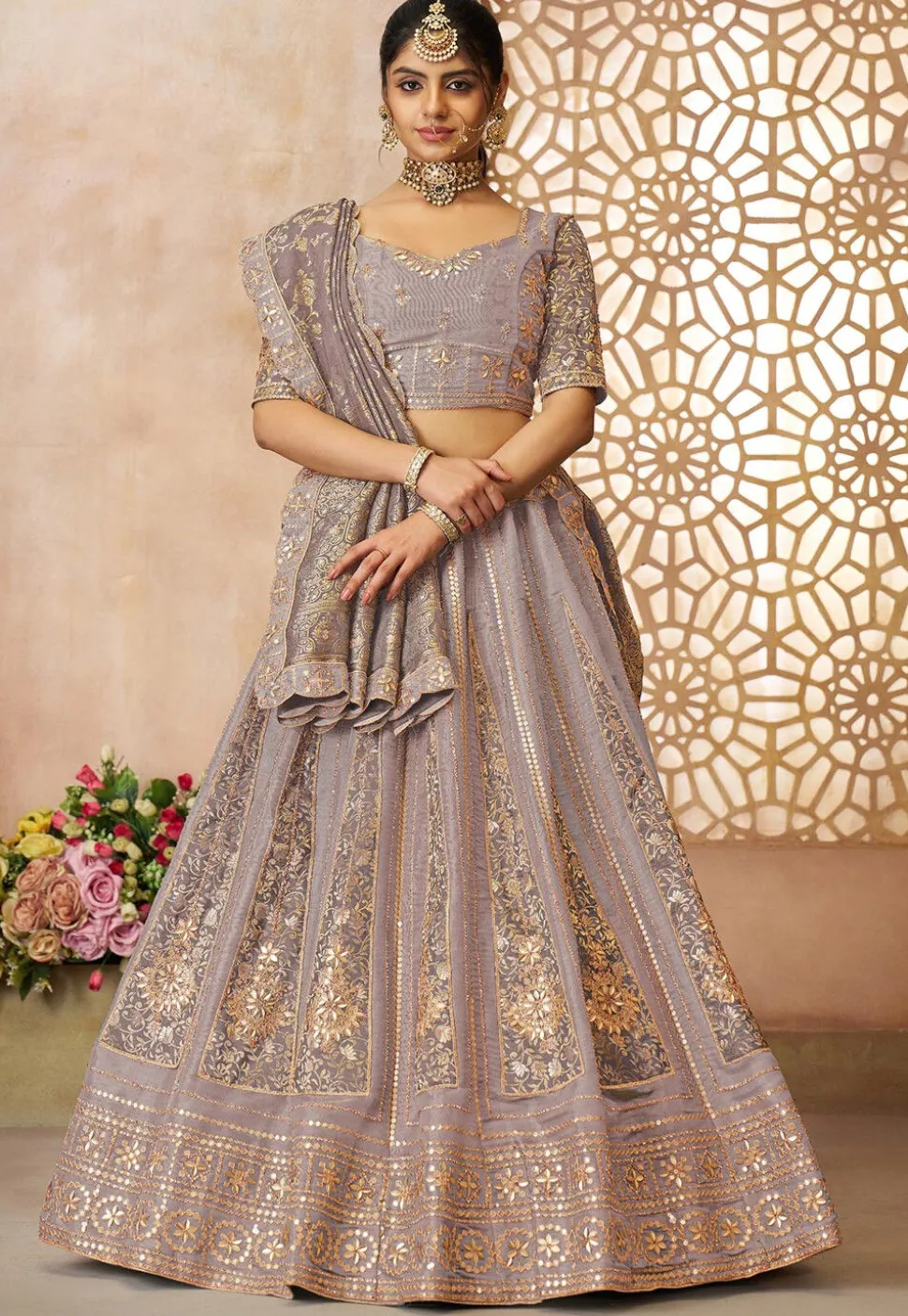 Woven Tissue Silk Lehenga in Dusty Purple
