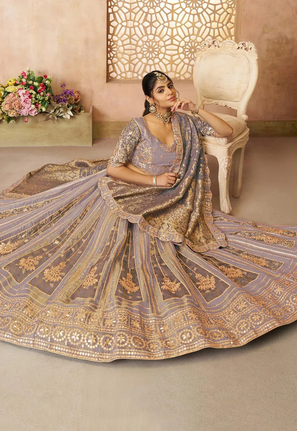 Woven Tissue Silk Lehenga in Dusty Purple