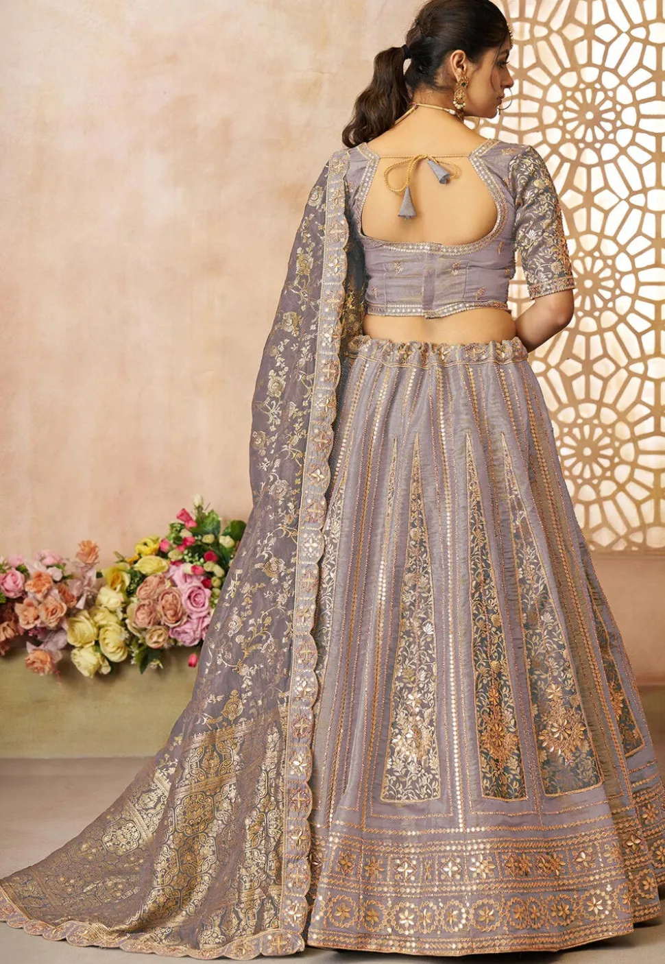Woven Tissue Silk Lehenga in Dusty Purple