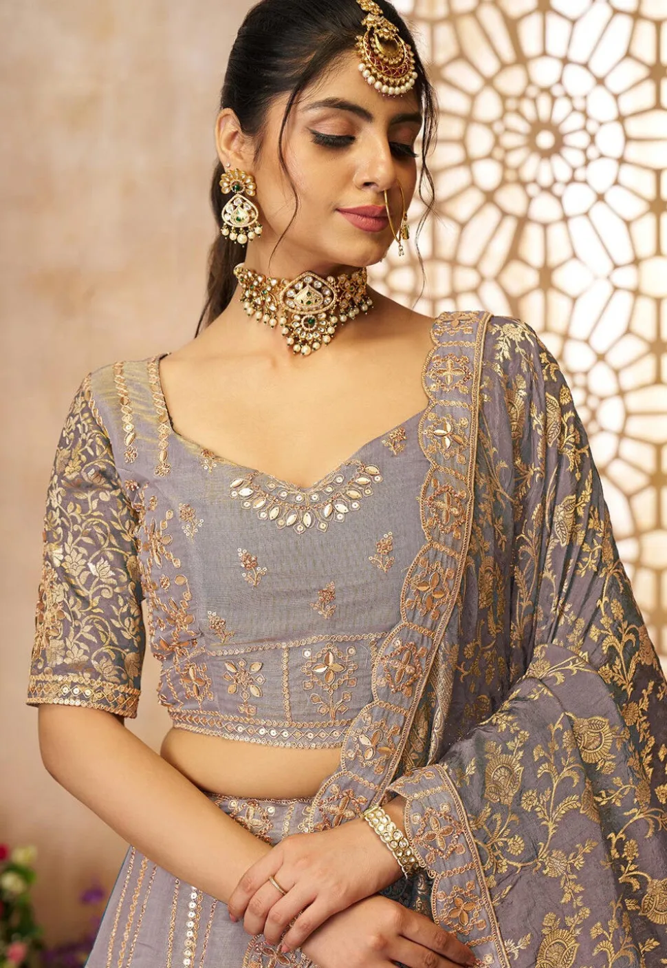 Woven Tissue Silk Lehenga in Dusty Purple