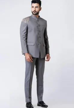 Woven Trim Polyester Jodhpuri Suit in Grey