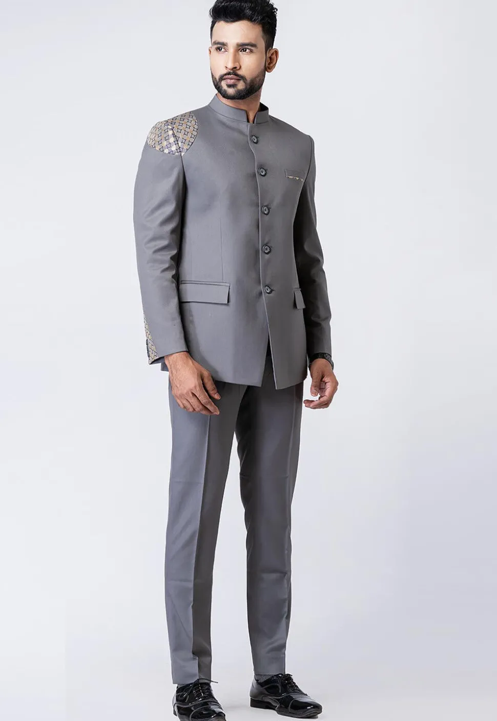 Woven Trim Polyester Jodhpuri Suit in Grey