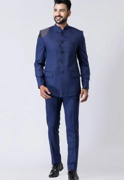 Woven Trim Polyester Jodhpuri Suit in Navy Blue