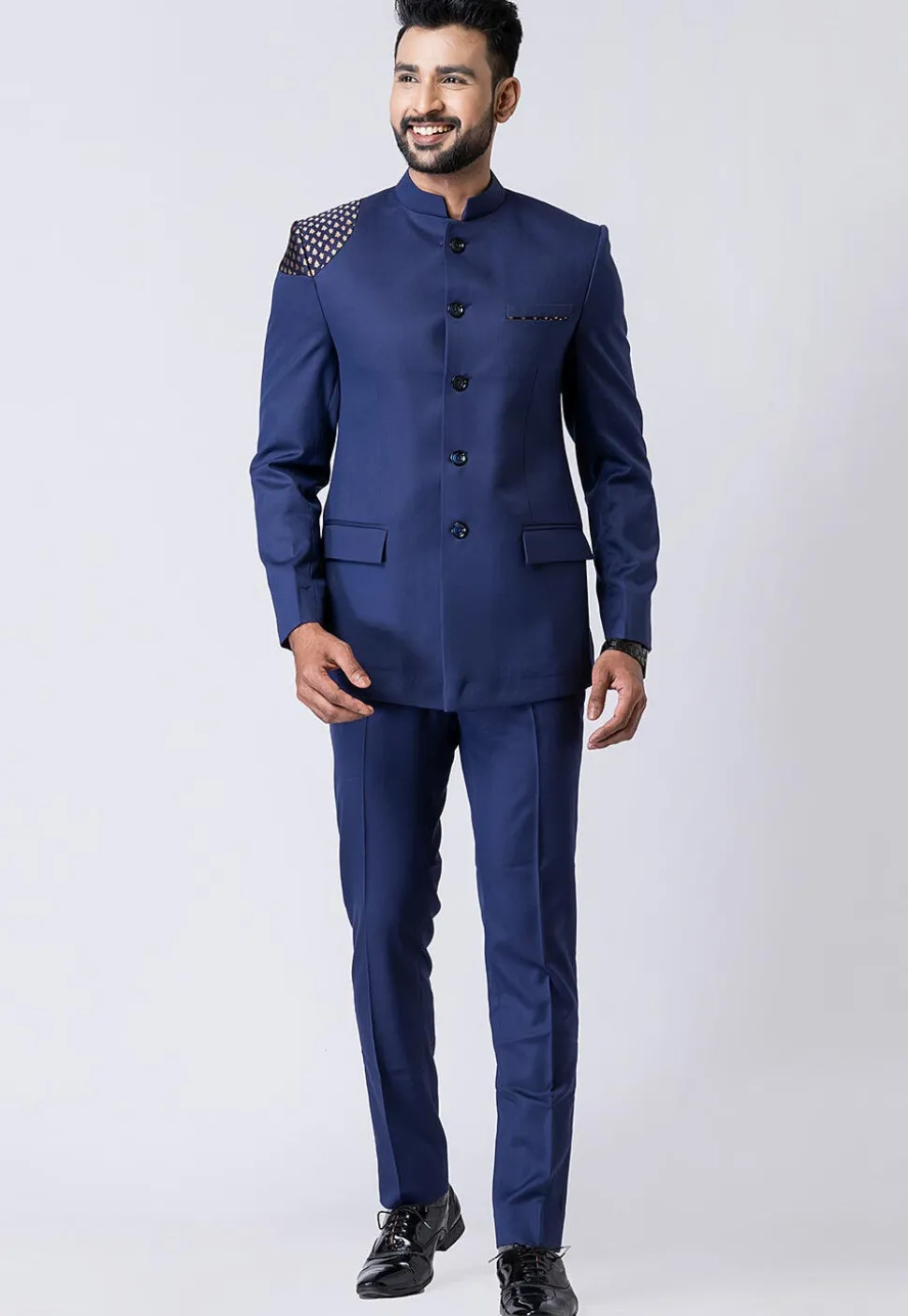 Woven Trim Polyester Jodhpuri Suit in Navy Blue