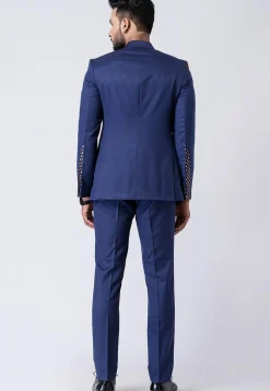 Woven Trim Polyester Jodhpuri Suit in Navy Blue