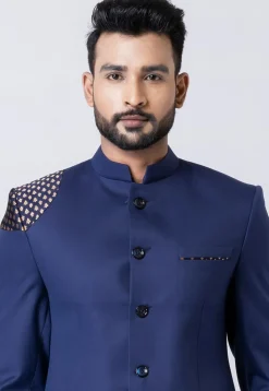 Woven Trim Polyester Jodhpuri Suit in Navy Blue
