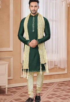 Woven Trims Art Silk Kurta Set in Dark Green