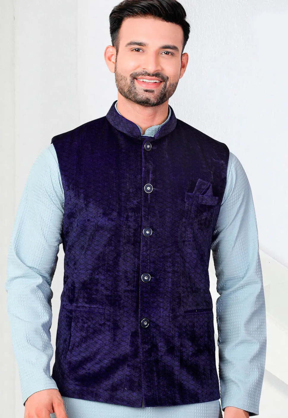 Woven Velvet Jacquard Nehru Jacket in Navy Blue