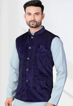 Woven Velvet Jacquard Nehru Jacket in Navy Blue