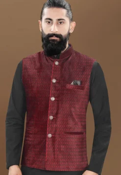 Woven Velvet Nehru Jacket in Maroon