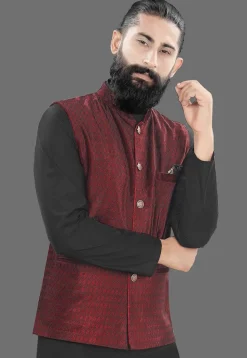 Woven Velvet Nehru Jacket in Maroon