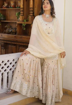 Woven Viscose Jacquard Pakistani Suit in Off White