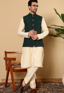 Woven Viscose Rayon Kurta Set in Light Beige and Dark Green