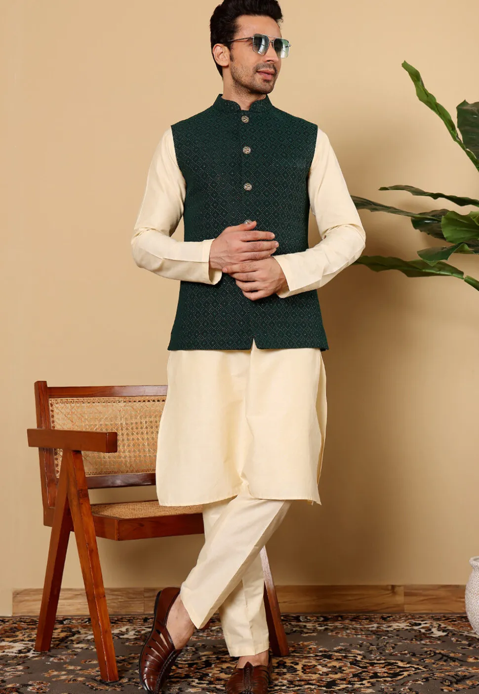 Woven Viscose Rayon Kurta Set in Light Beige and Dark Green