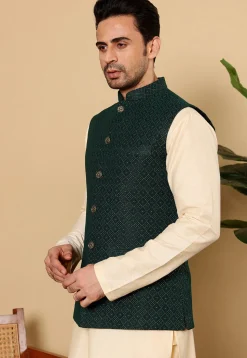 Woven Viscose Rayon Kurta Set in Light Beige and Dark Green