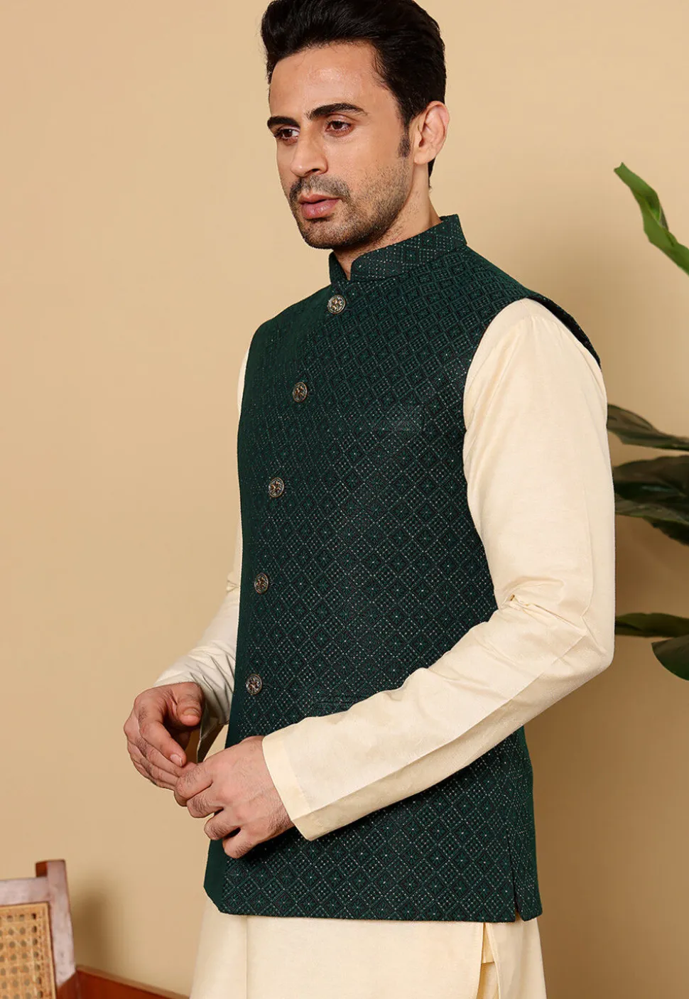 Woven Viscose Rayon Kurta Set in Light Beige and Dark Green