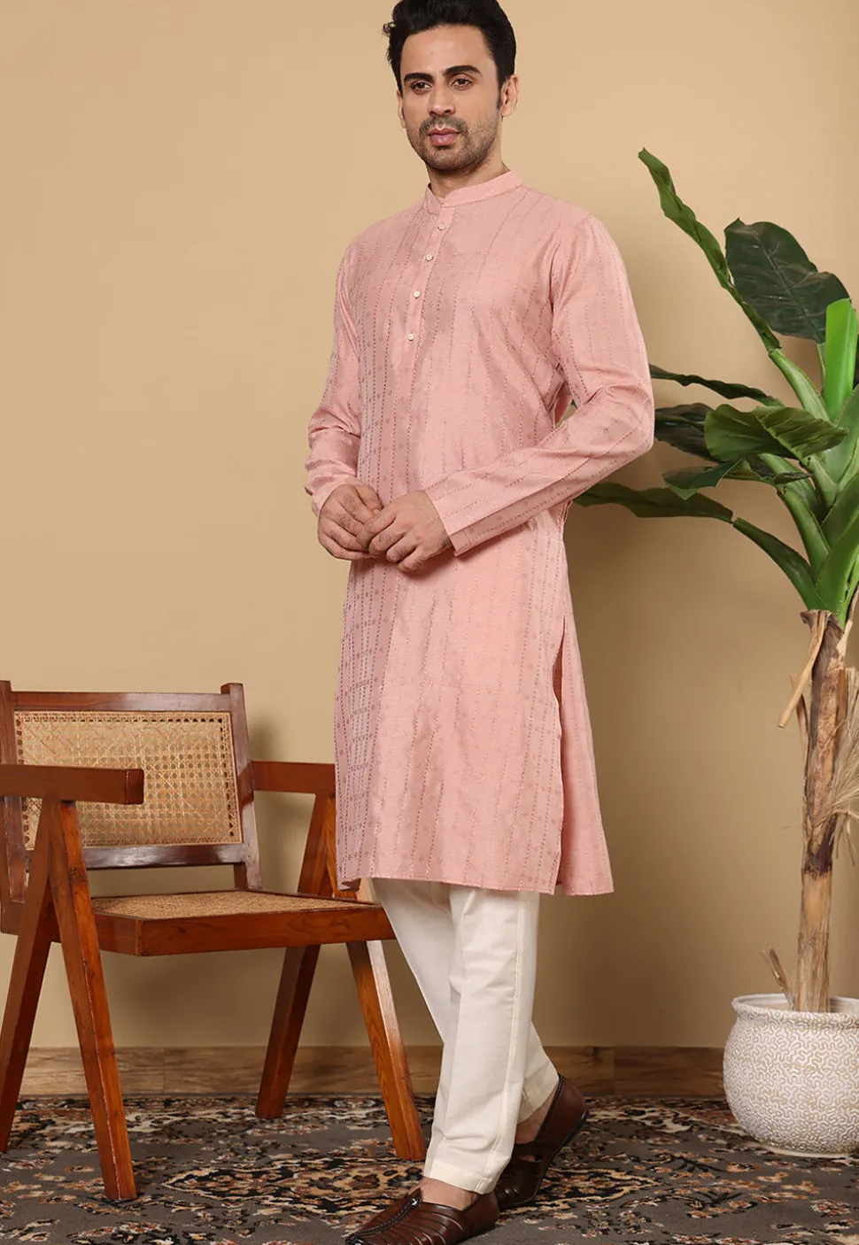 Woven Viscose Silk Kurta in Peach