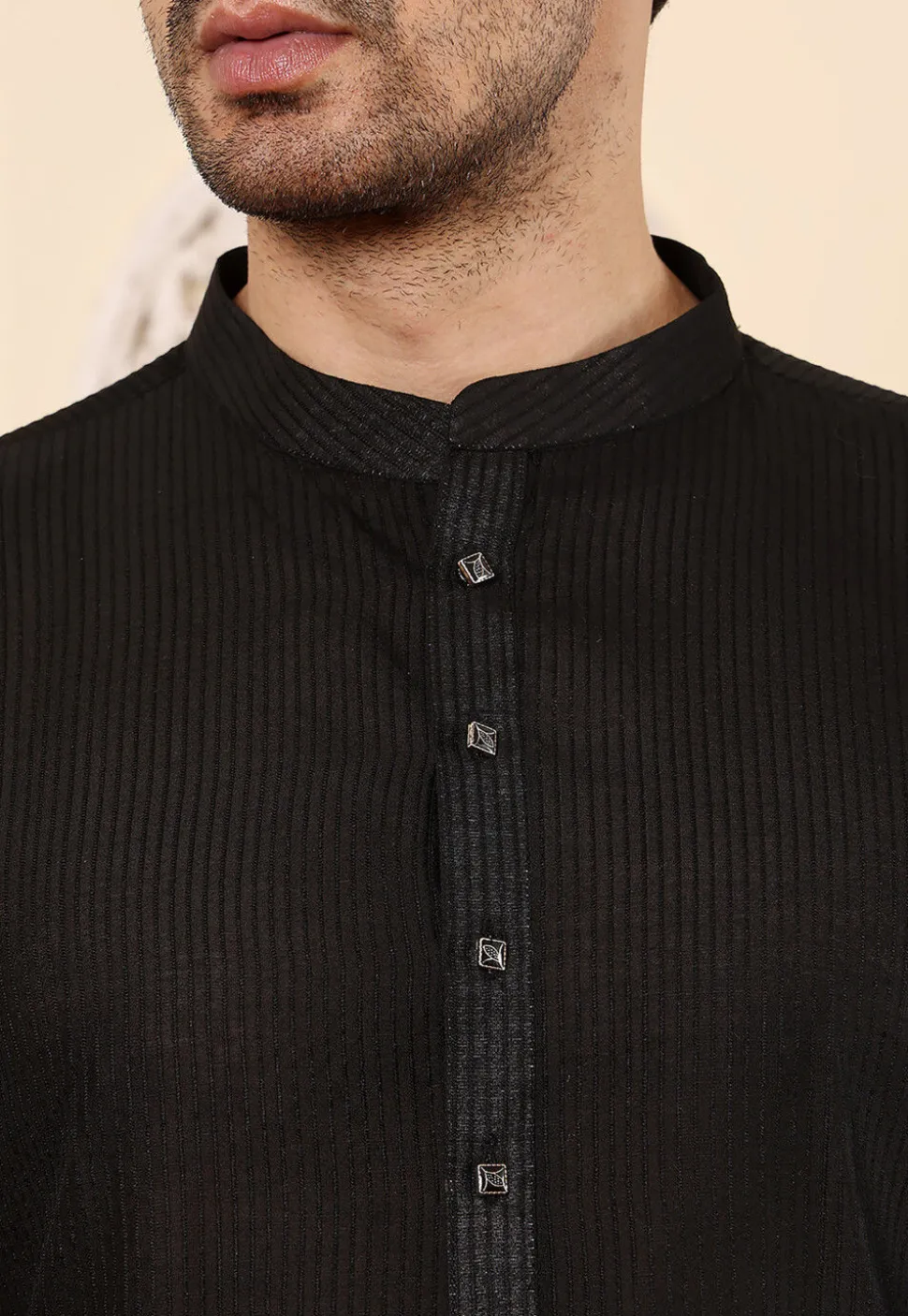 Woven Viscose Silk Kurta in Black