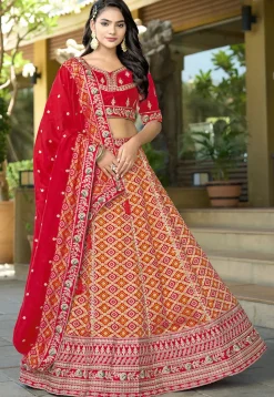 Woven Viscose Silk Lehenga in Red