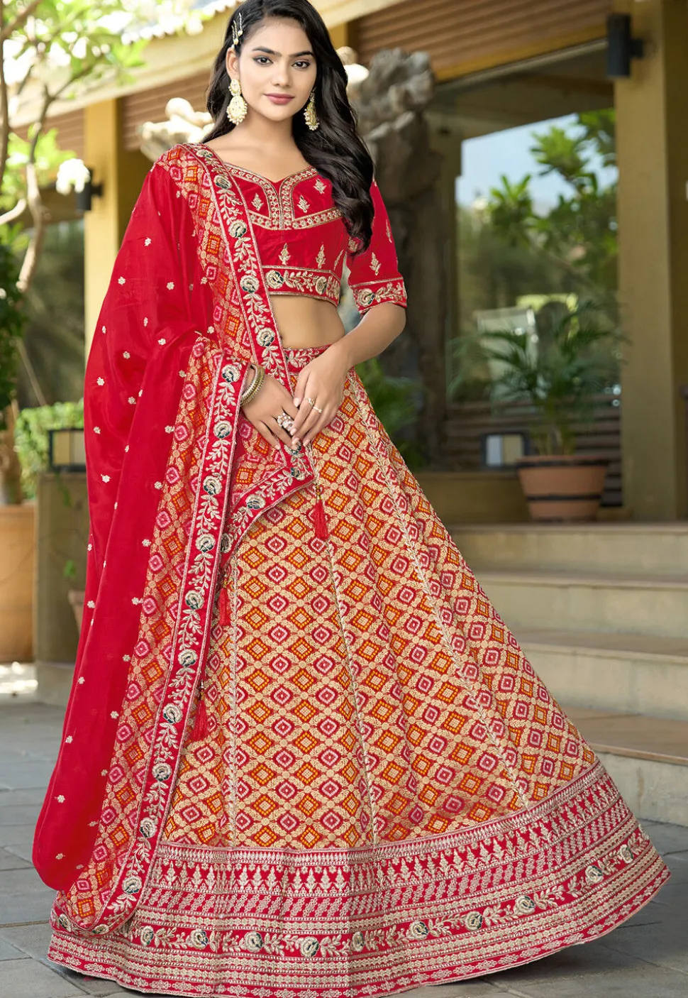 Woven Viscose Silk Lehenga in Red